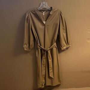 ESQUALO Chic Brown Mid Sleeve Dress Faux Leather
